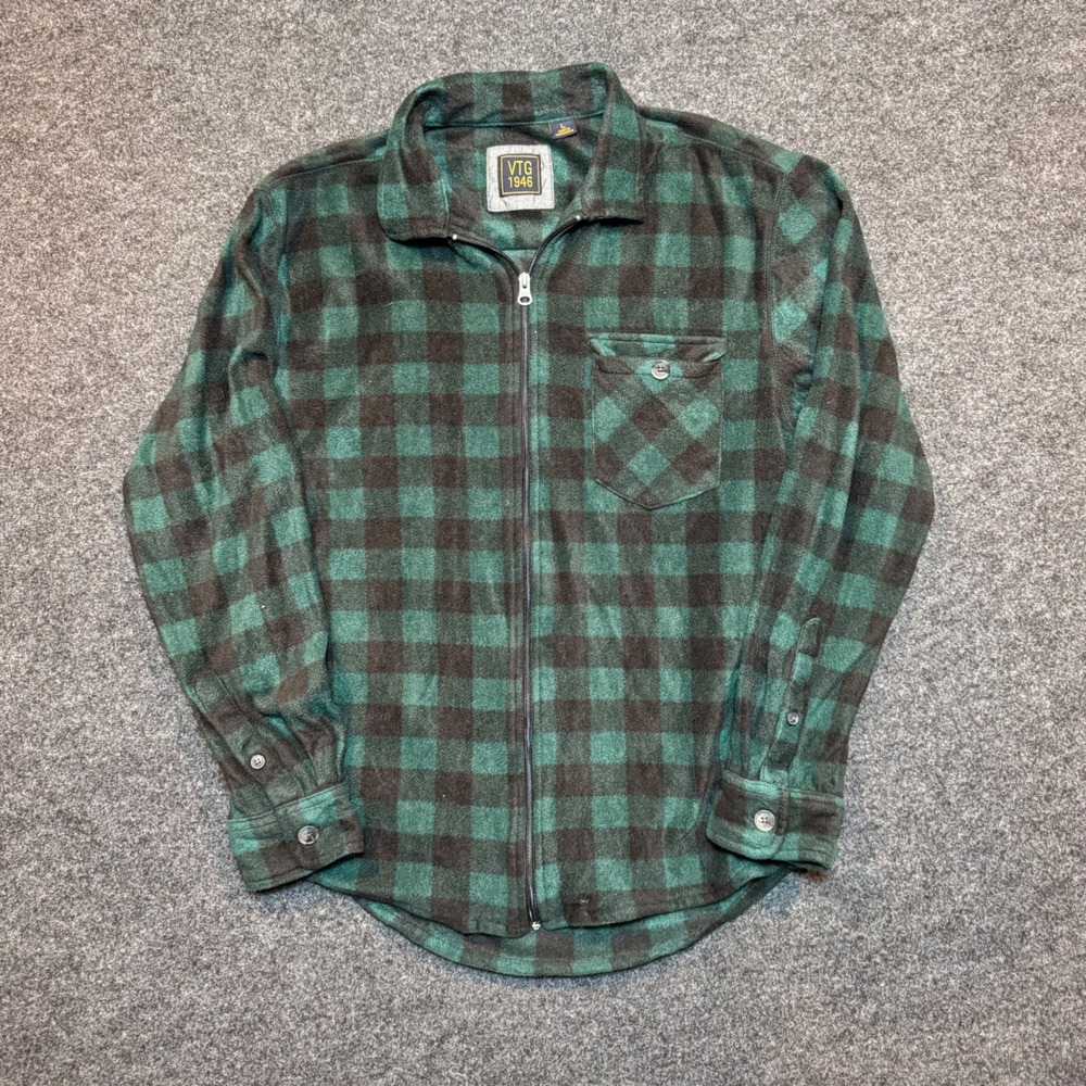 VTG 1946 Mens Green Black Buffalo Plaid Full Zip Fleece Shirt Jacket Large